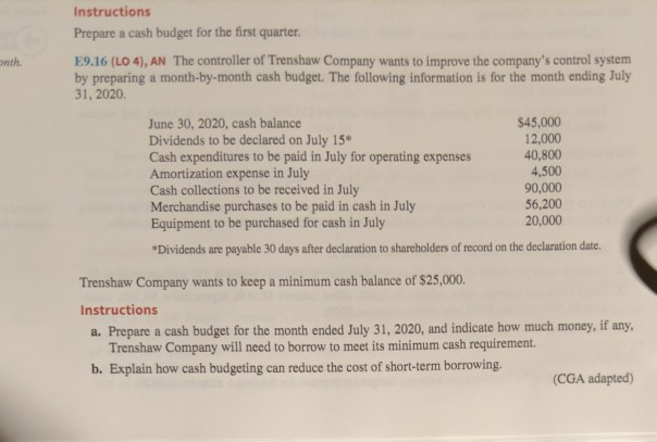  just e9.16 A only Instructions Prepare a cash budget for the