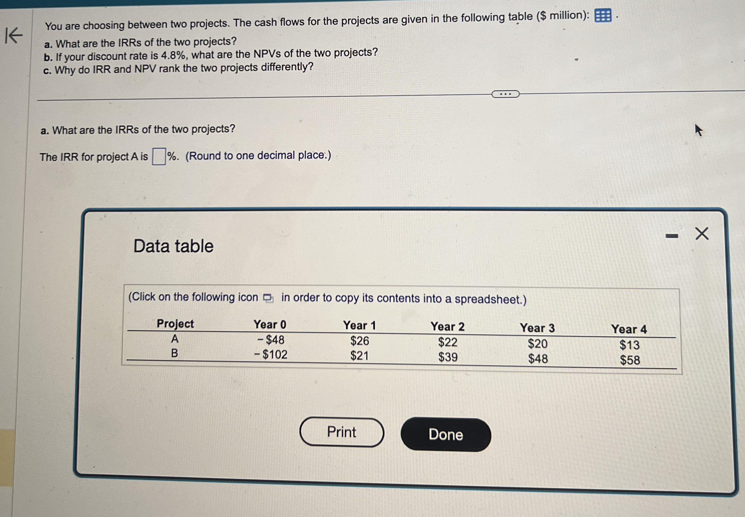  You are choosing between two projects. The cash flows for the