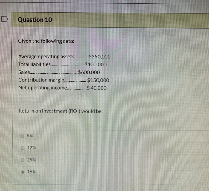  Question 10 Given the following data: Average operating assets......... $250,000 Total