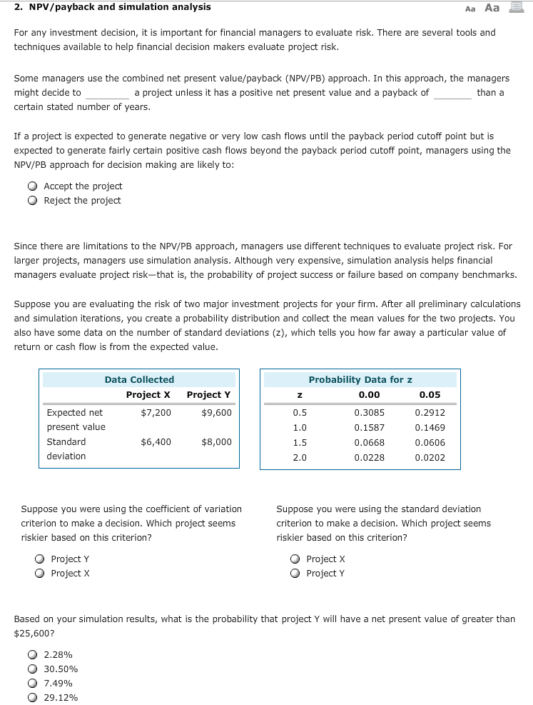 NPV/Payback and simulation analysis (Answer all please) Fill in the blank section