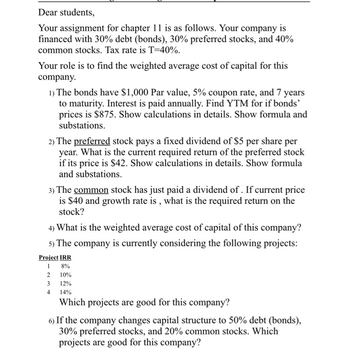  Dear students, Your assignment for chapter 11 is as follows. Your
