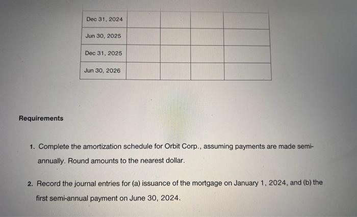 issued a $410,000,9 percent mortgage on January 1,2024 , to purchase warehouses.