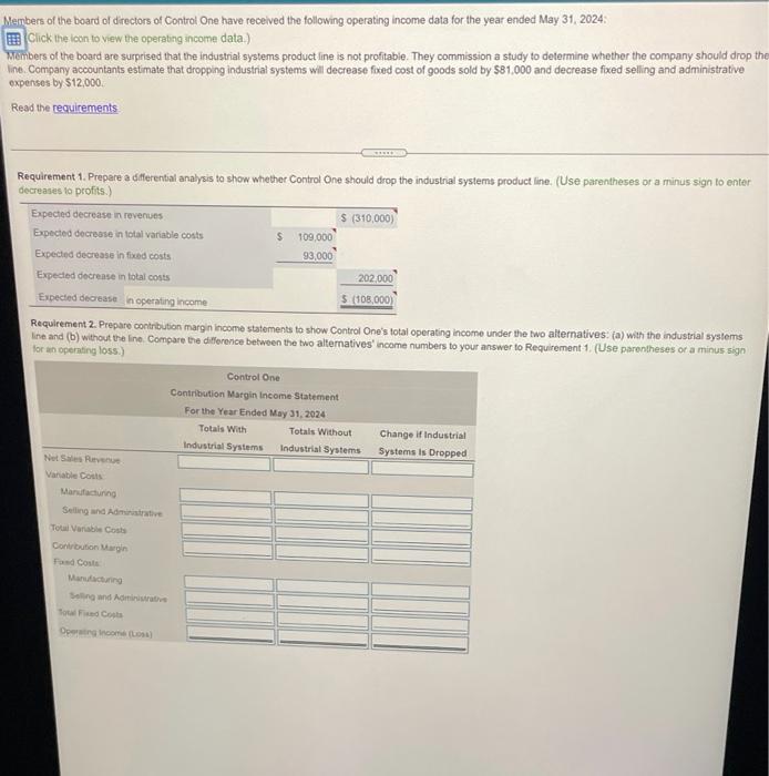 total operating income under the two alternatives: (a) with the industrial systems