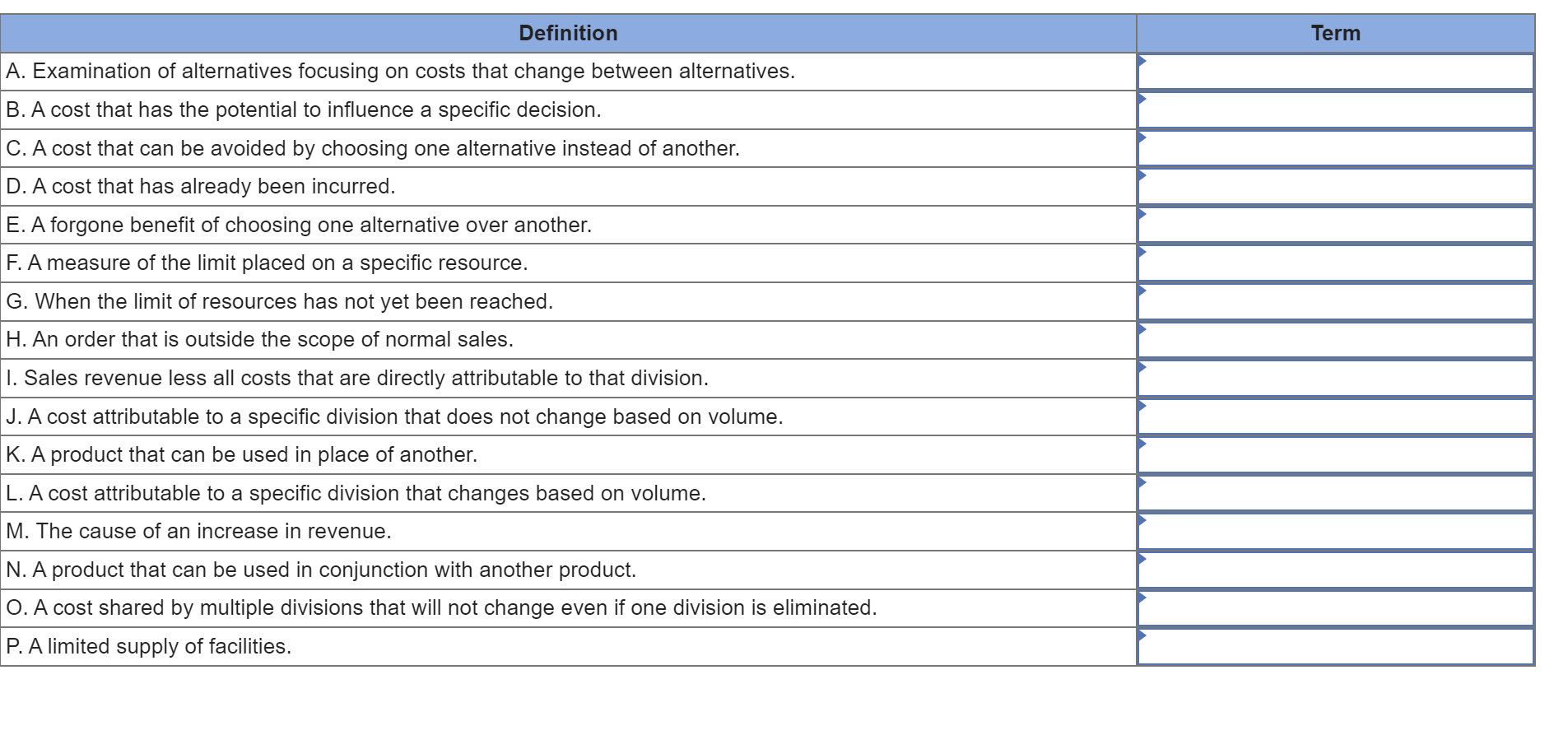  Match each definition with its related term by selecting the appropriate