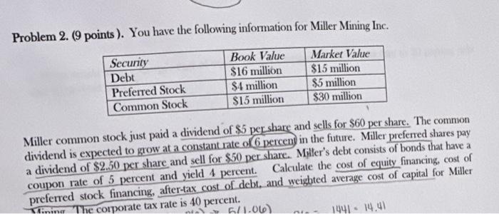  Problem 2. (9 points). You have the following information for Miller