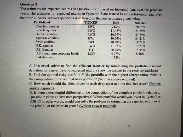  Question 3 The estimates for expected returns in Question 2 are