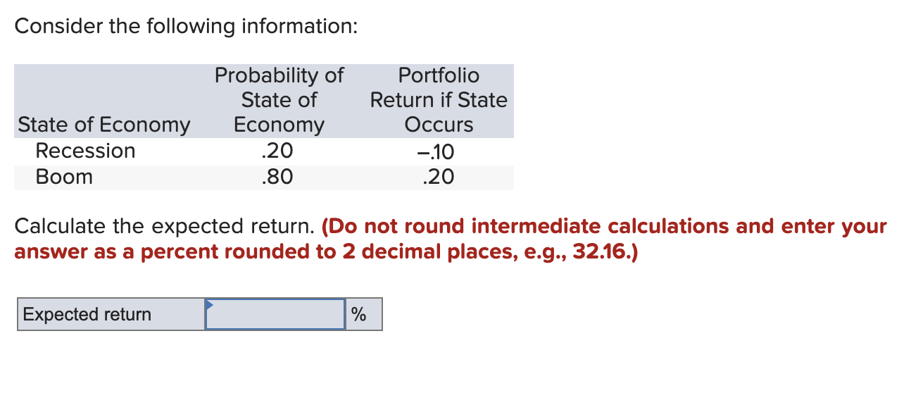  Consider the following information: Calculate the expected return. (Do not round