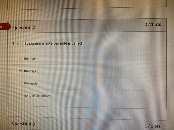  0/1 pts Question 2 The party signing a note payable is