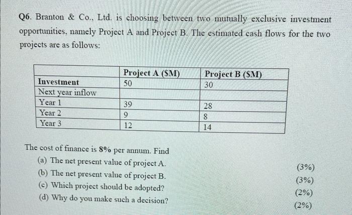  Q6. Branton \& Co., Ltd. is choosing between two mutually exclusive
