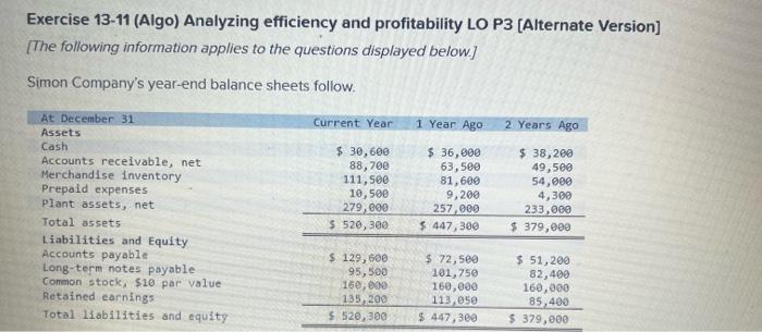  always gives a like Exercise 13-11 (Algo) Analyzing efficiency and profitability