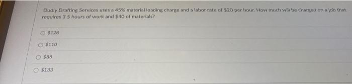  Dudly Drafting Services uses a 45% material loading charge and a