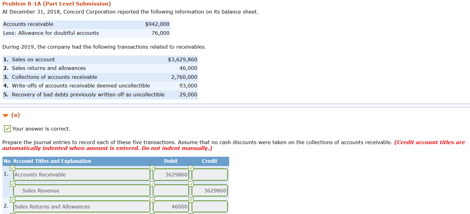 Problem 8-1A (Part Level Submission) At December 31, 2018, Concord Corporation