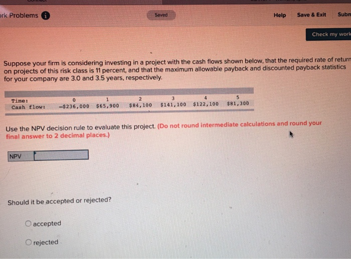  rk Problems G Saved Help Save & Exit Subn Check my