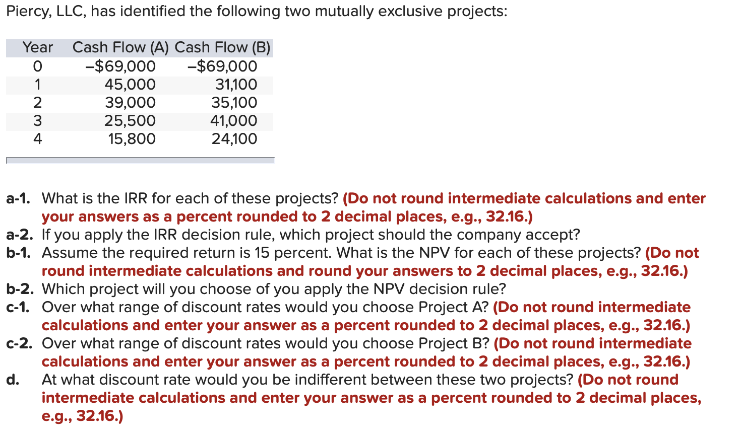  Piercy, LLC, has identified the following two mutually exclusive projects: Year