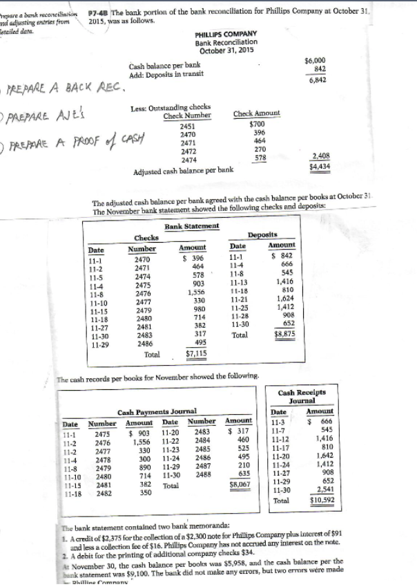 With the data perform 1. A proper Bank Reconciliation 2. Prepare AJE's