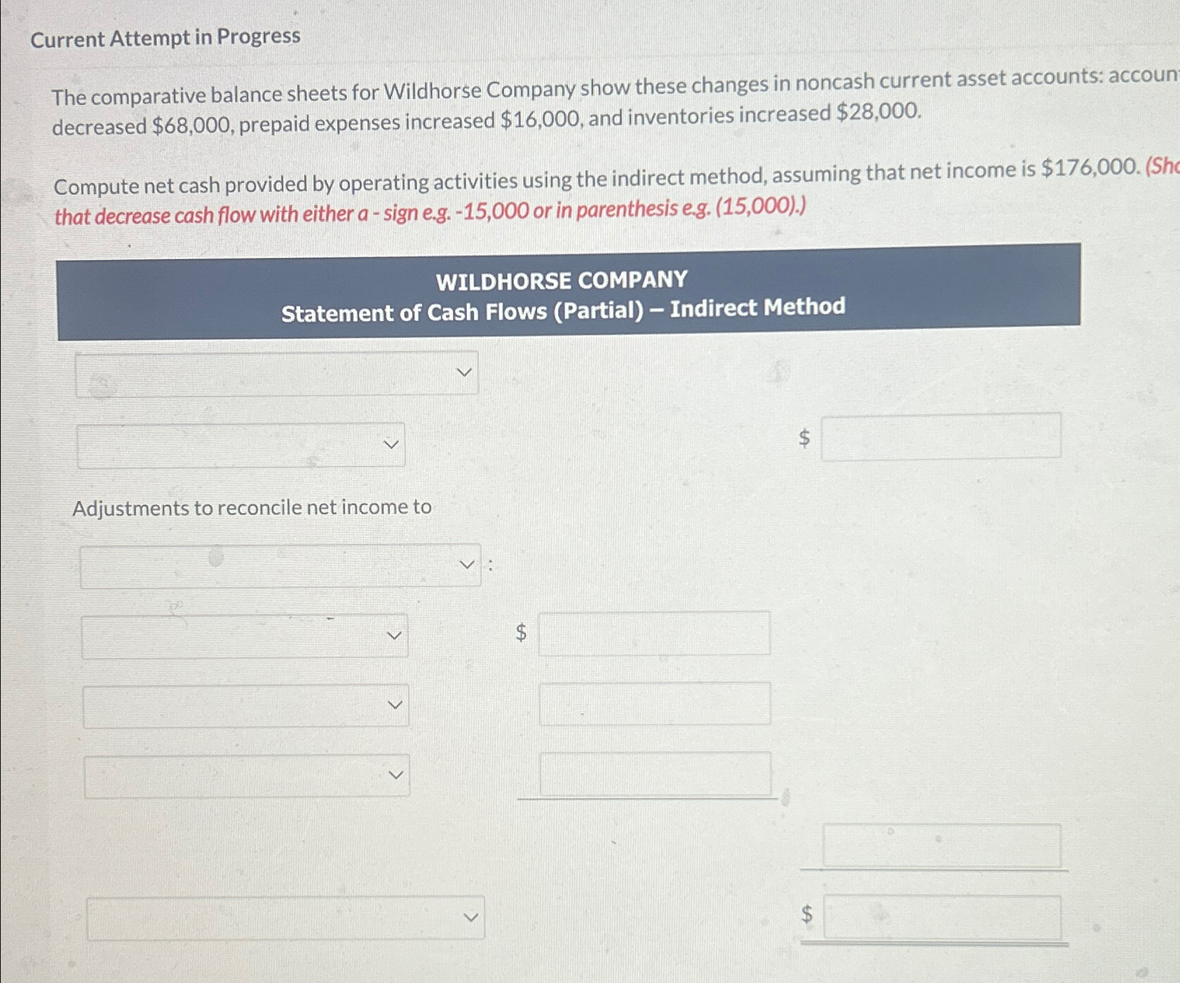  Current Attempt in Progress The comparative balance sheets for Wildhorse Company