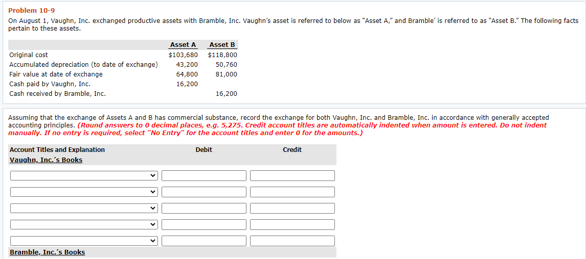  Problem 10-9 On August 1, Vaughn, Inc. exchanged productive assets with