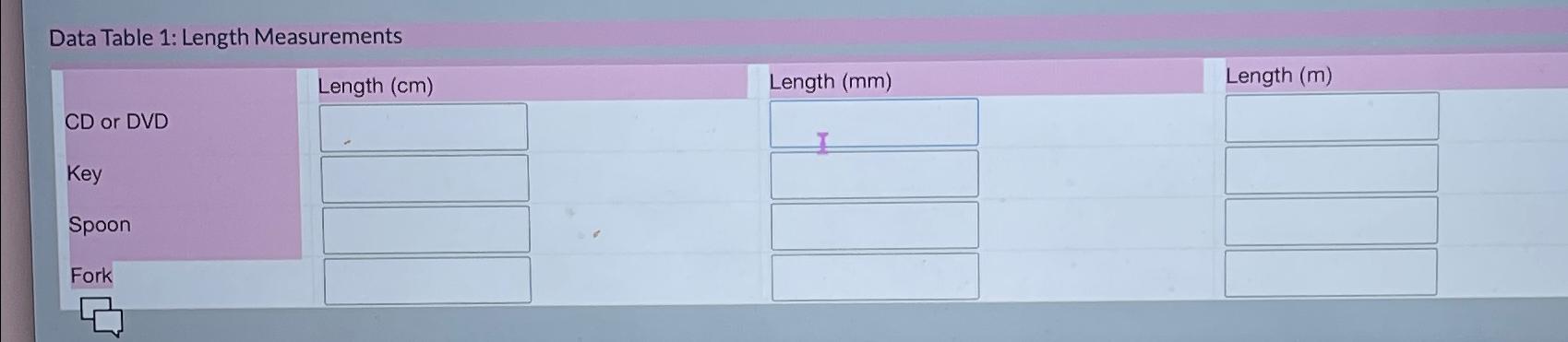  Data Table 1: Length Measurements CD or DVD Key Spoon Fork