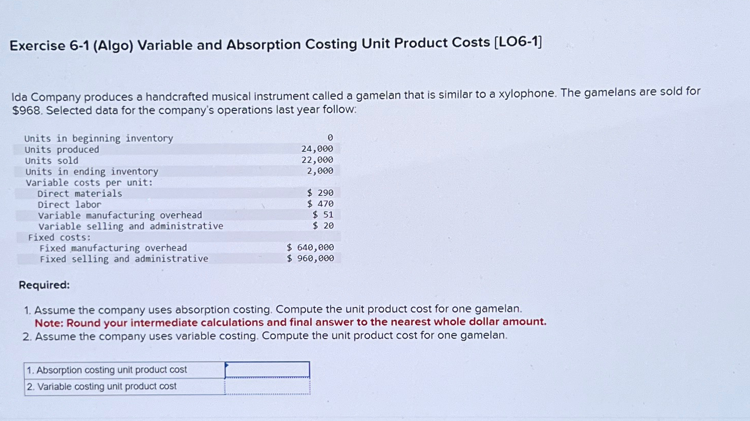  Exercise 6-1(Algo) Variable and Absorption Costing Unit Product Costs [LO6-1] Ida