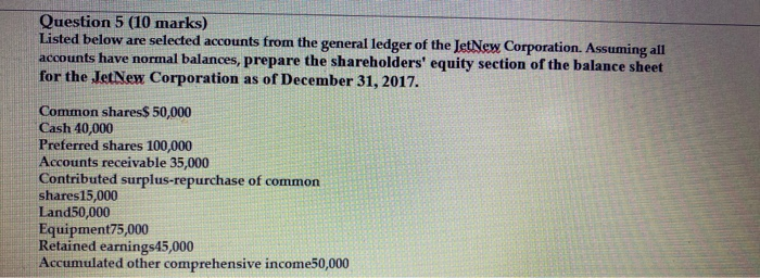  Question 5 (10 marks) Listed below are selected accounts from the