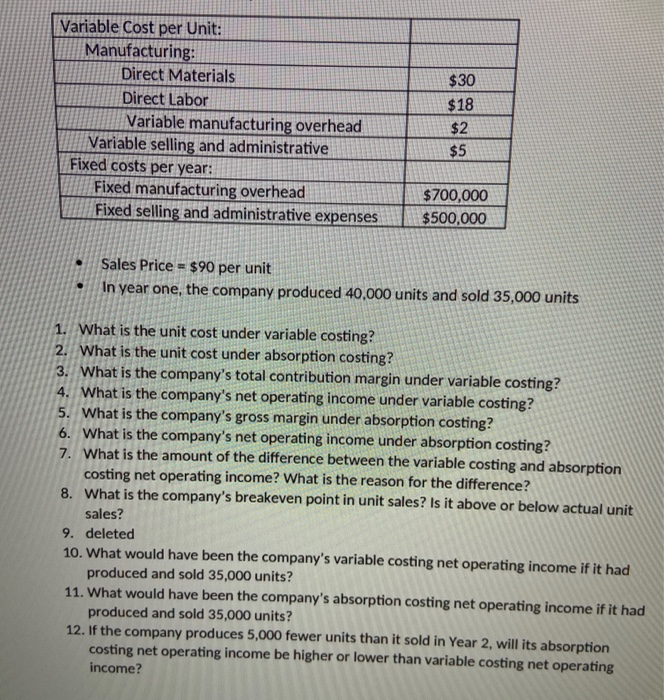 please answer 5, 6, 7, and 8, thank you Variable Cost per