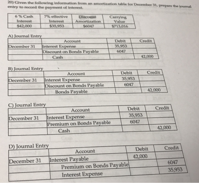  20) Given the following information from an amortization table for December