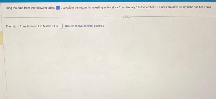  Using the data from the following table, calculate the return for