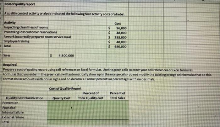 PLEASE HELP ASAP! Show formulas if you can Preparea cost of quality