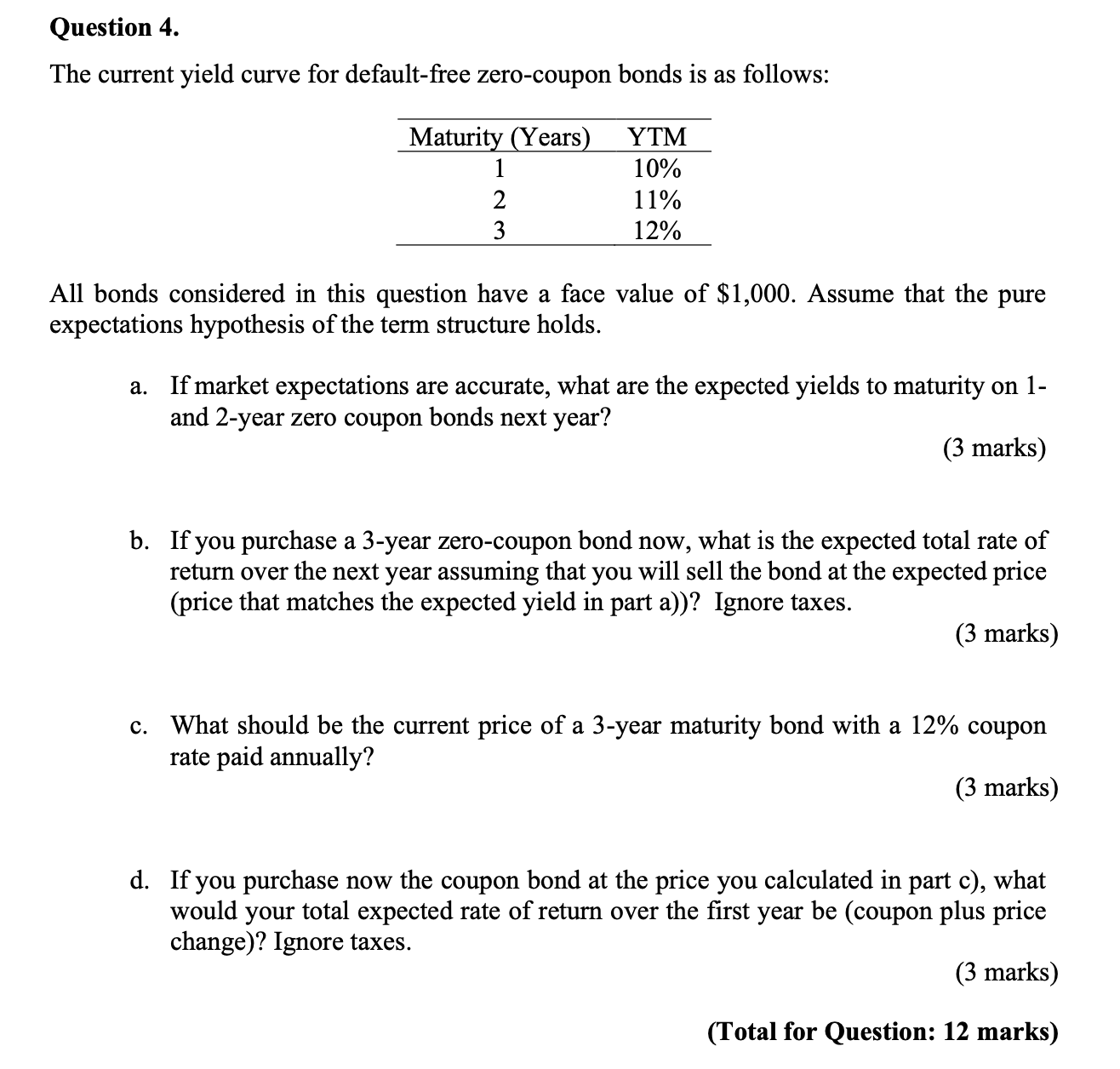  Question 4. The current yield curve for default-free zero-coupon bonds is
