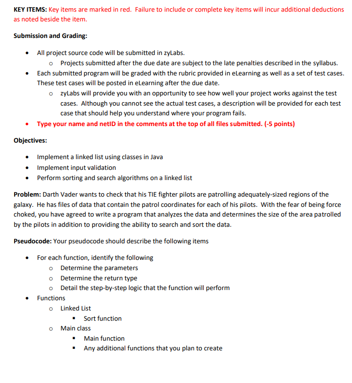 KEY ITEMS: Key items are marked in red. Failure to include