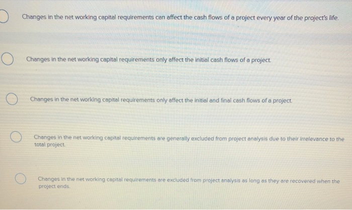 capital requiremnets from below Multiple Choice Changes in the net working capital