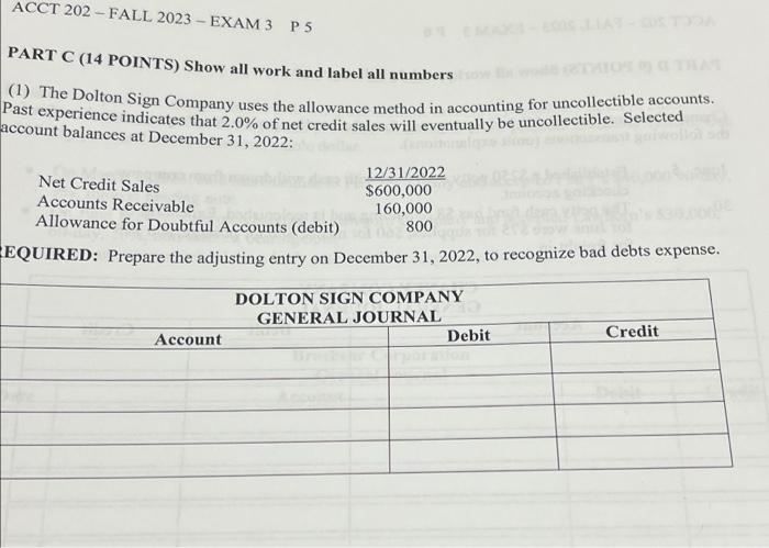  ACCT 202- FALL 2023 - EXAM 3 P5 PART C (14