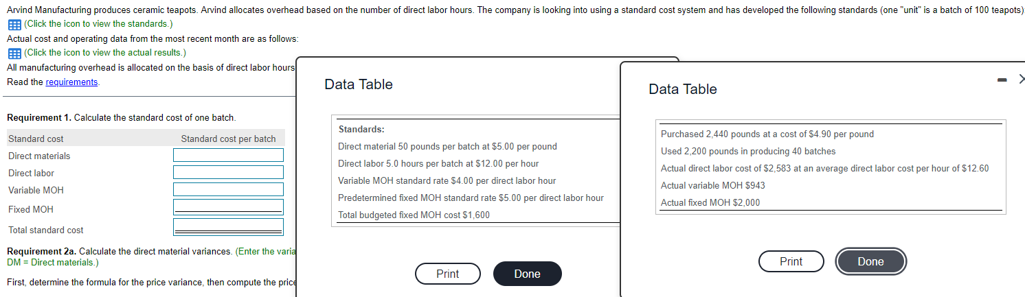  Arvind Manufacturing produces ceramic teapots. Arvind allocates overhead based on the