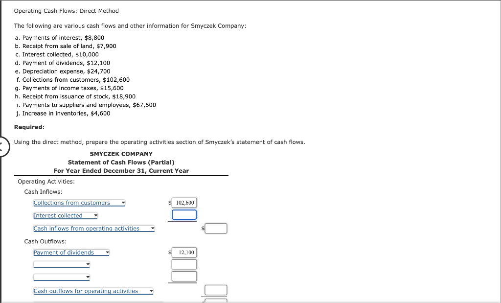  Operating Cash Flows: Direct Method The following are various cash flows