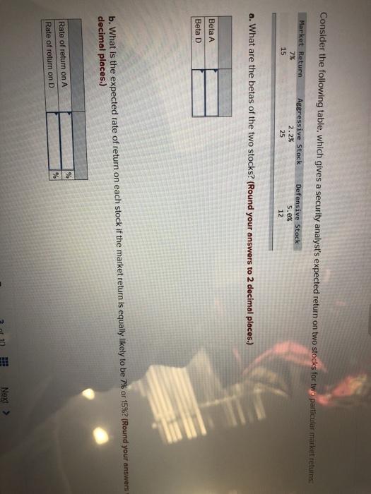  Consider the following table, which gives a security analyst's expected return