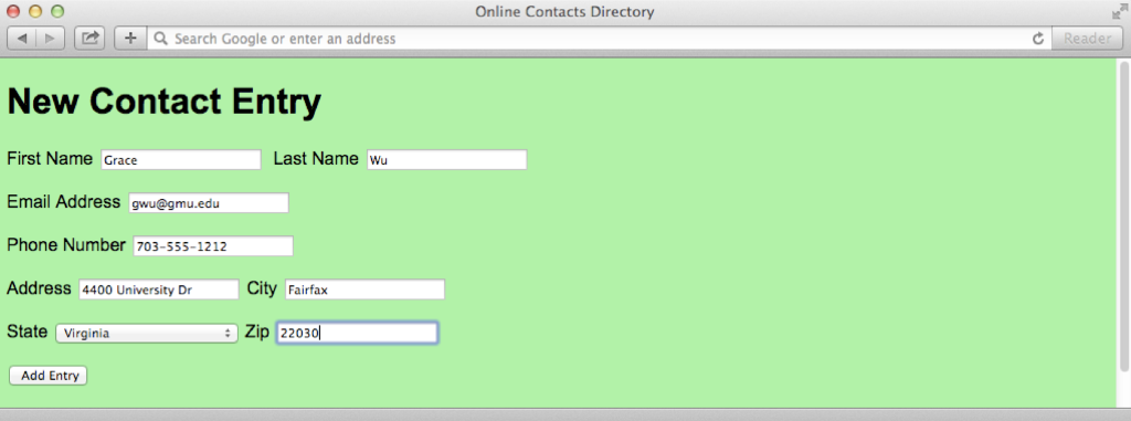 name, last name, email address, phone number, street address, city, state, and