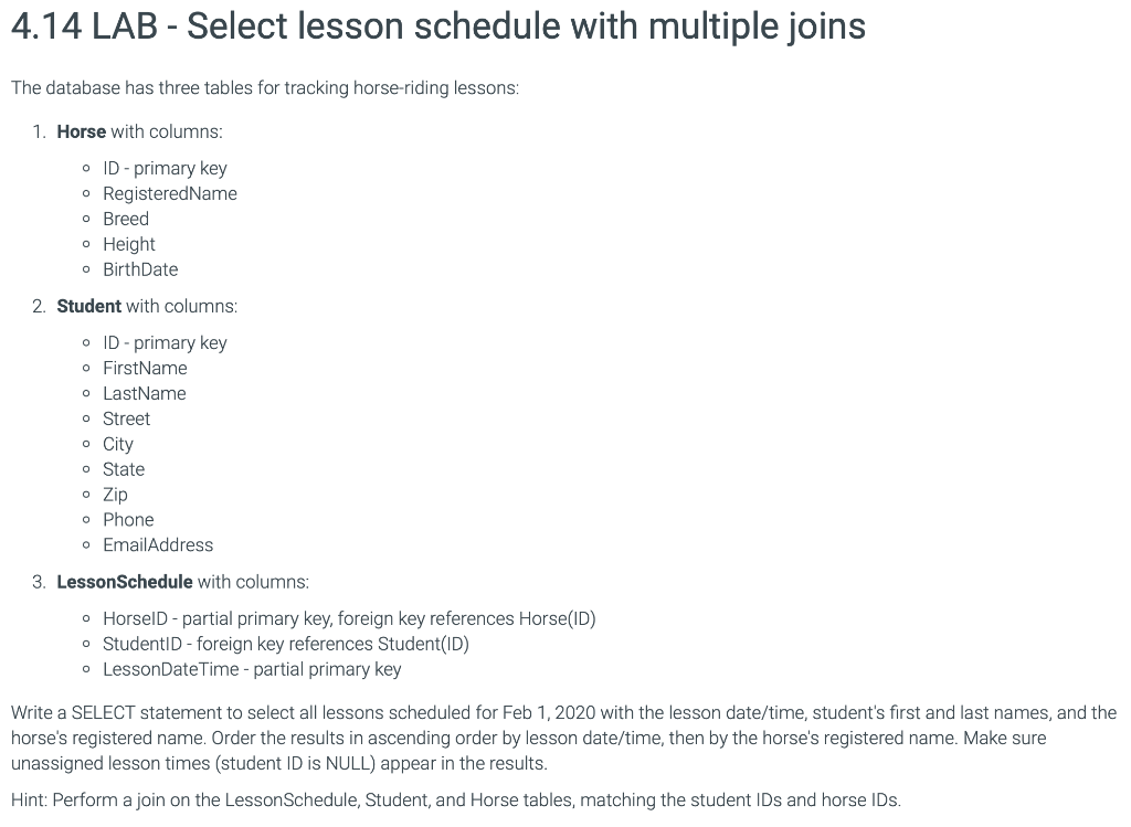  4.14 LAB - Select lesson schedule with multiple joins The database