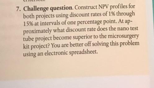  7. Challenge question. Construct NPV profiles for both projects using discount