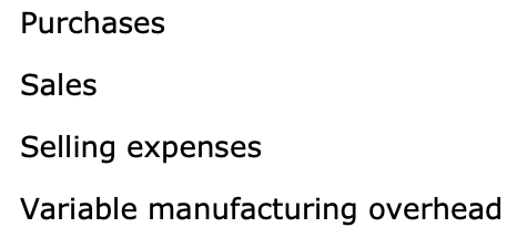 Selling expenses Variable manufacturing overhead Ending merchandise inventory Fixed manufacturing overhead Indirect