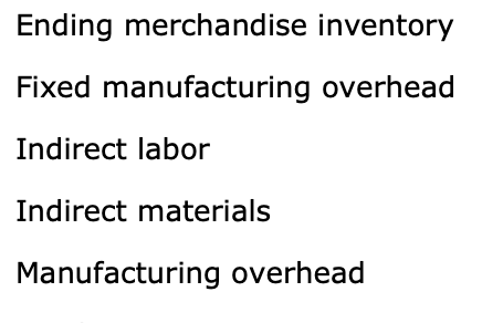 labor Indirect materials Manufacturing overhead Administrative expenses Beginning merchandise inventory Cost of