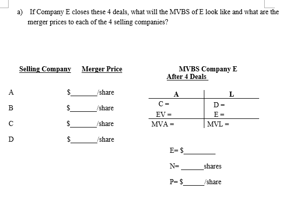 EV(Smm) 1000 800 Company B D E Initial Price $10.00 $9.00 $8.00