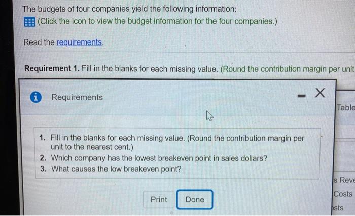  Please answer the missing spots in the data table The budgets