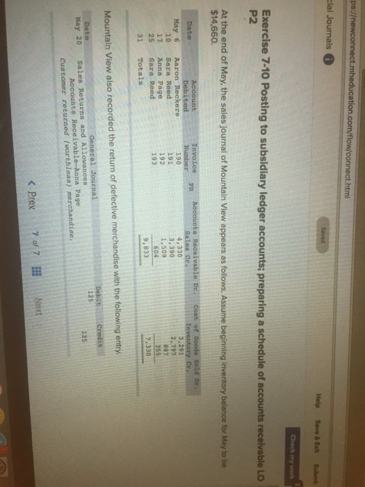  tion.com/flow/connect.html cial Help Save&Exit Subm Exercise 7-10 Posting to subsidiary ledger