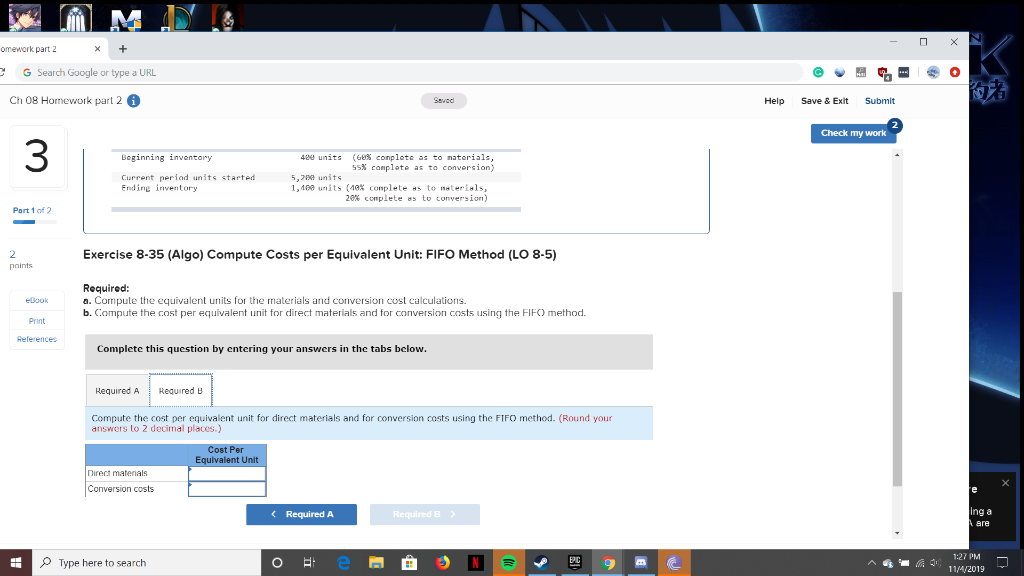 Exit Submit Check my work Part 1 of 2 Required information Exercise