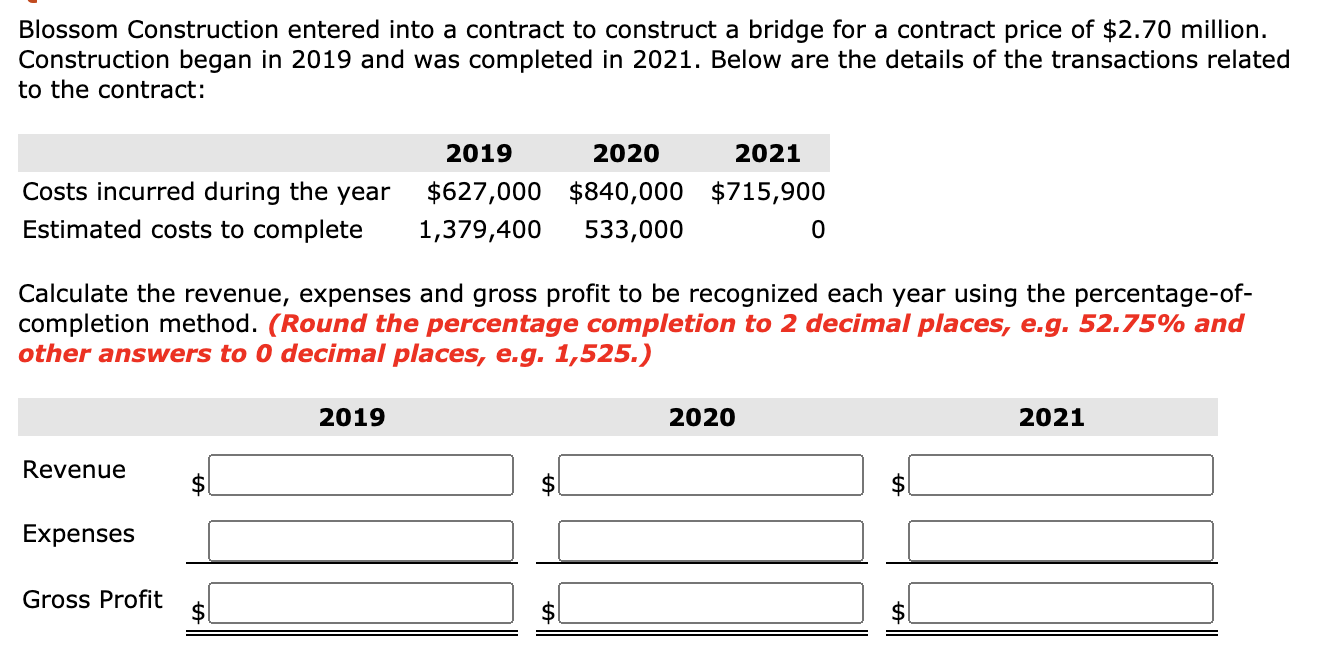 Blossom Construction entered into a contract to construct a bridge for