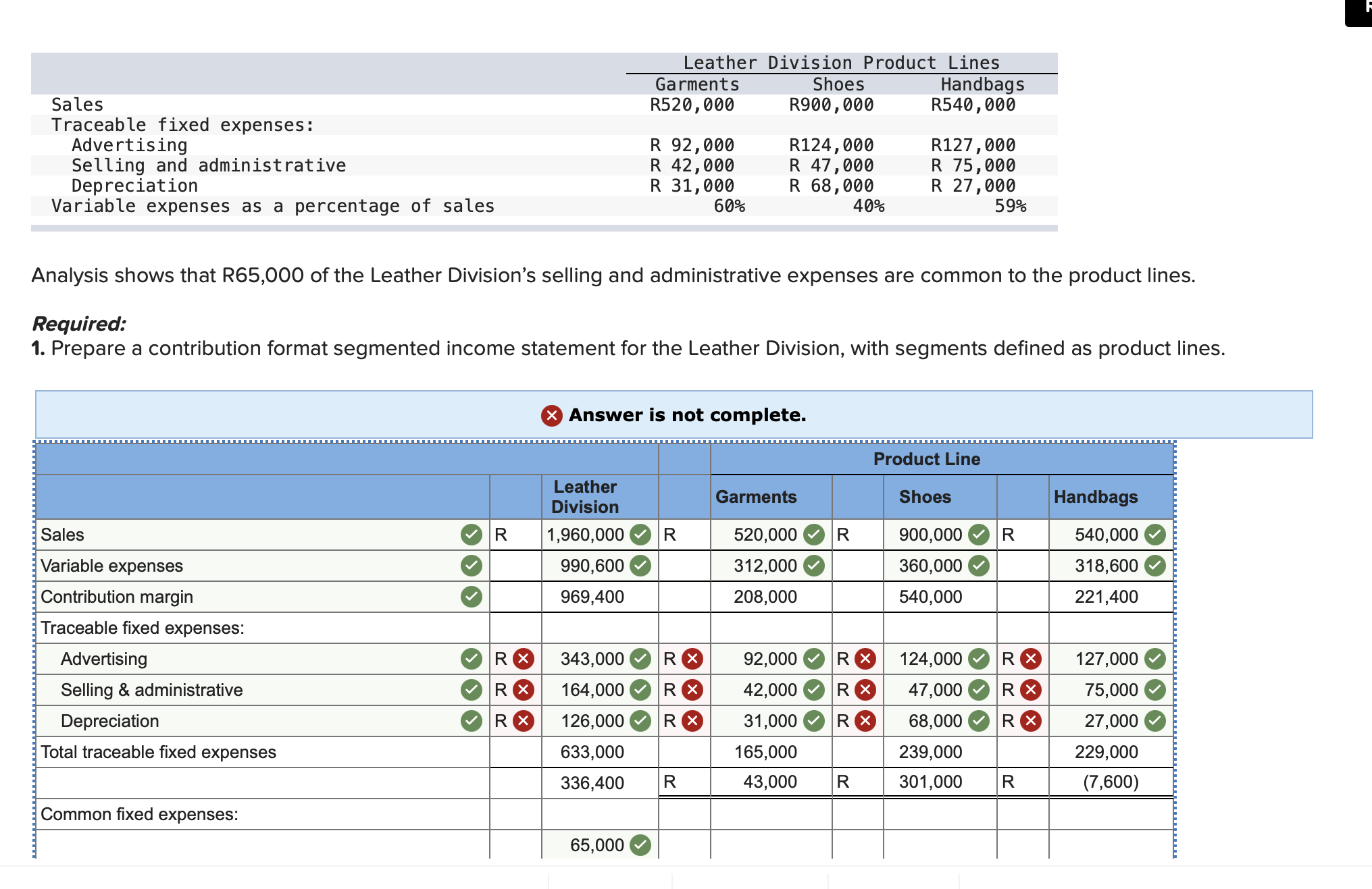  Analysis shows that R65,000 of the Leather Division's selling and administrative