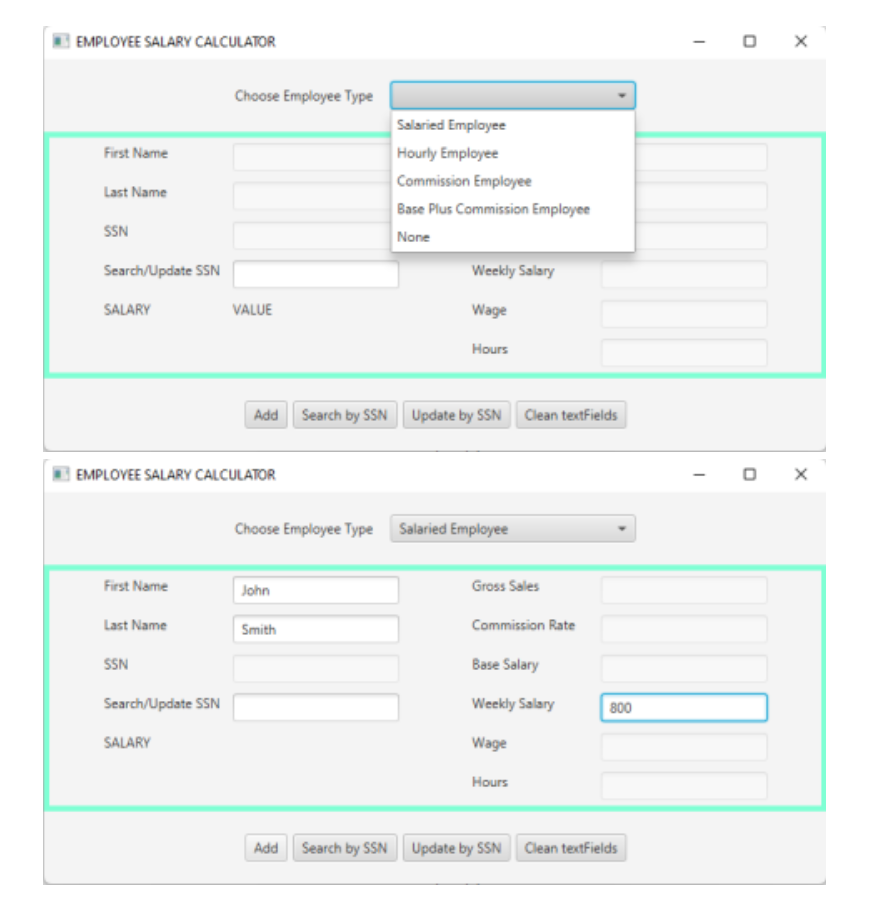 Please adapt the code below to JavaFX. Sample application's screenshots are given