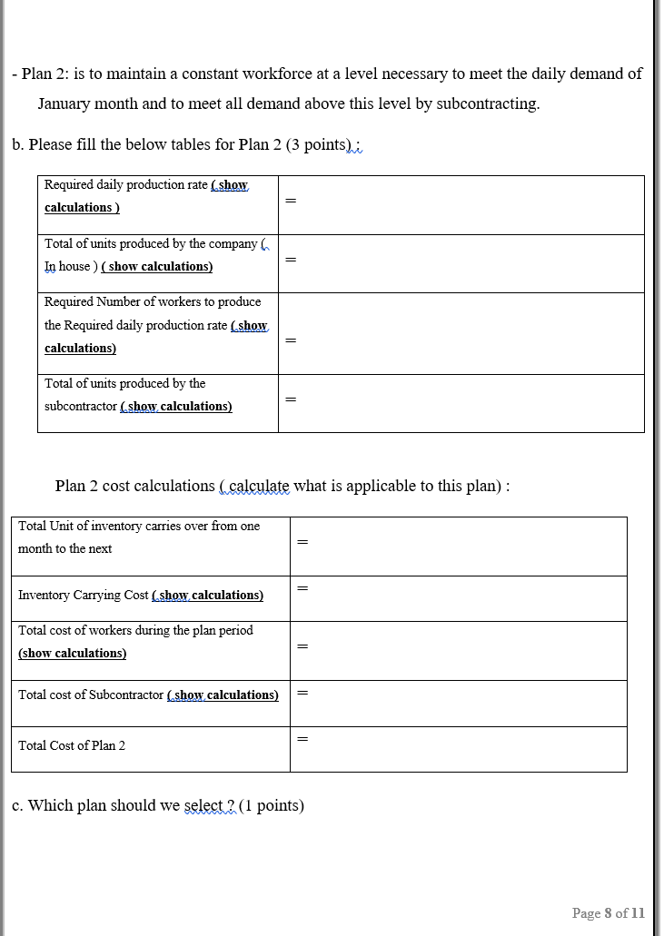 Subcontracting cost per unit $ 16 per hour Average pay rate 8