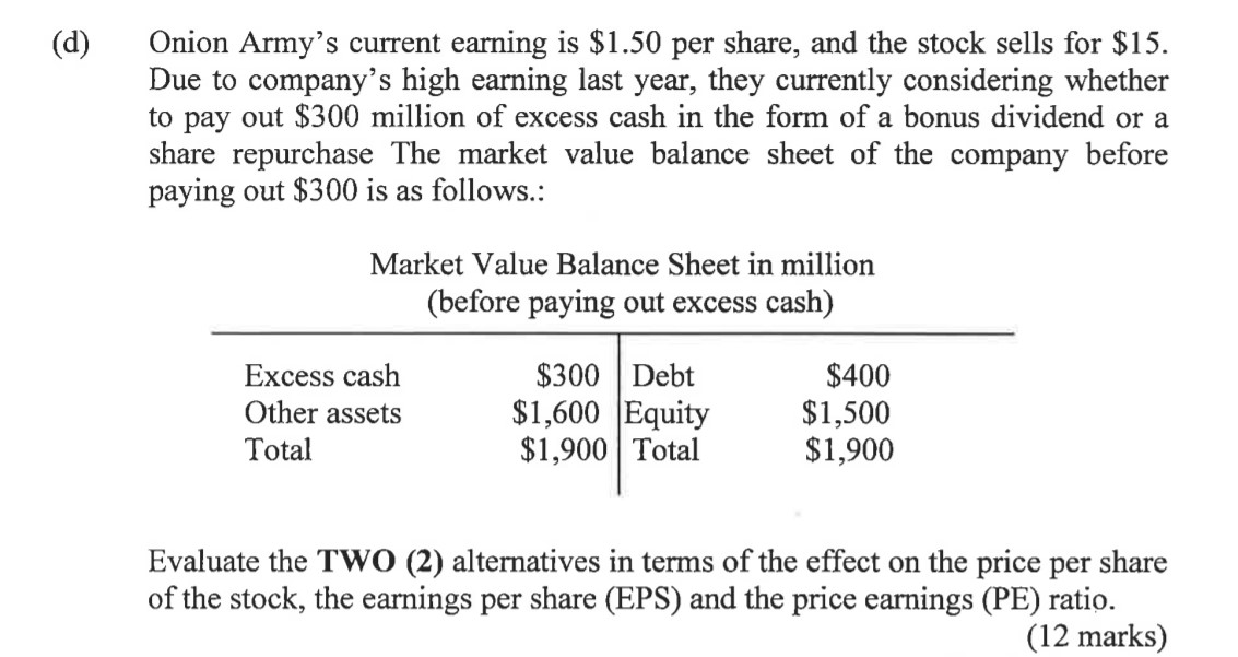  (d ) Onion Army's current earning is $1.50 per share, and