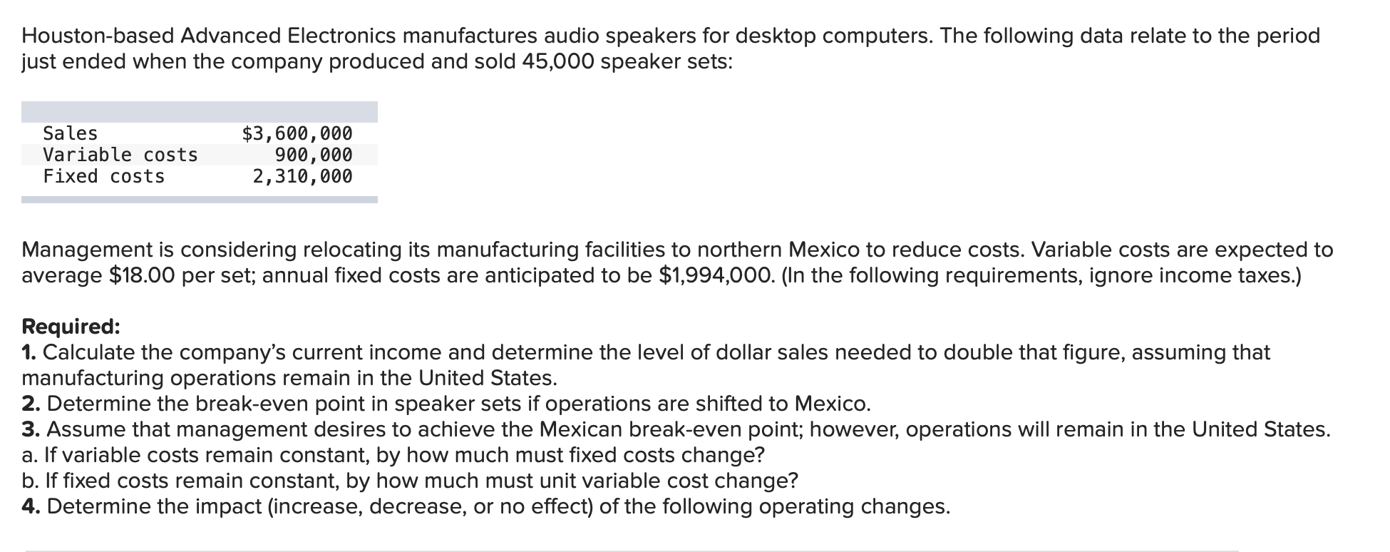  Houston-based Advanced Electronics manufactures audio speakers for desktop computers. The following